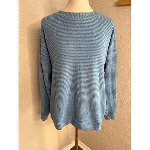 Blue Ribbed Knit Sweater Cozy Pullover Long Sleeve Casual Women's Top